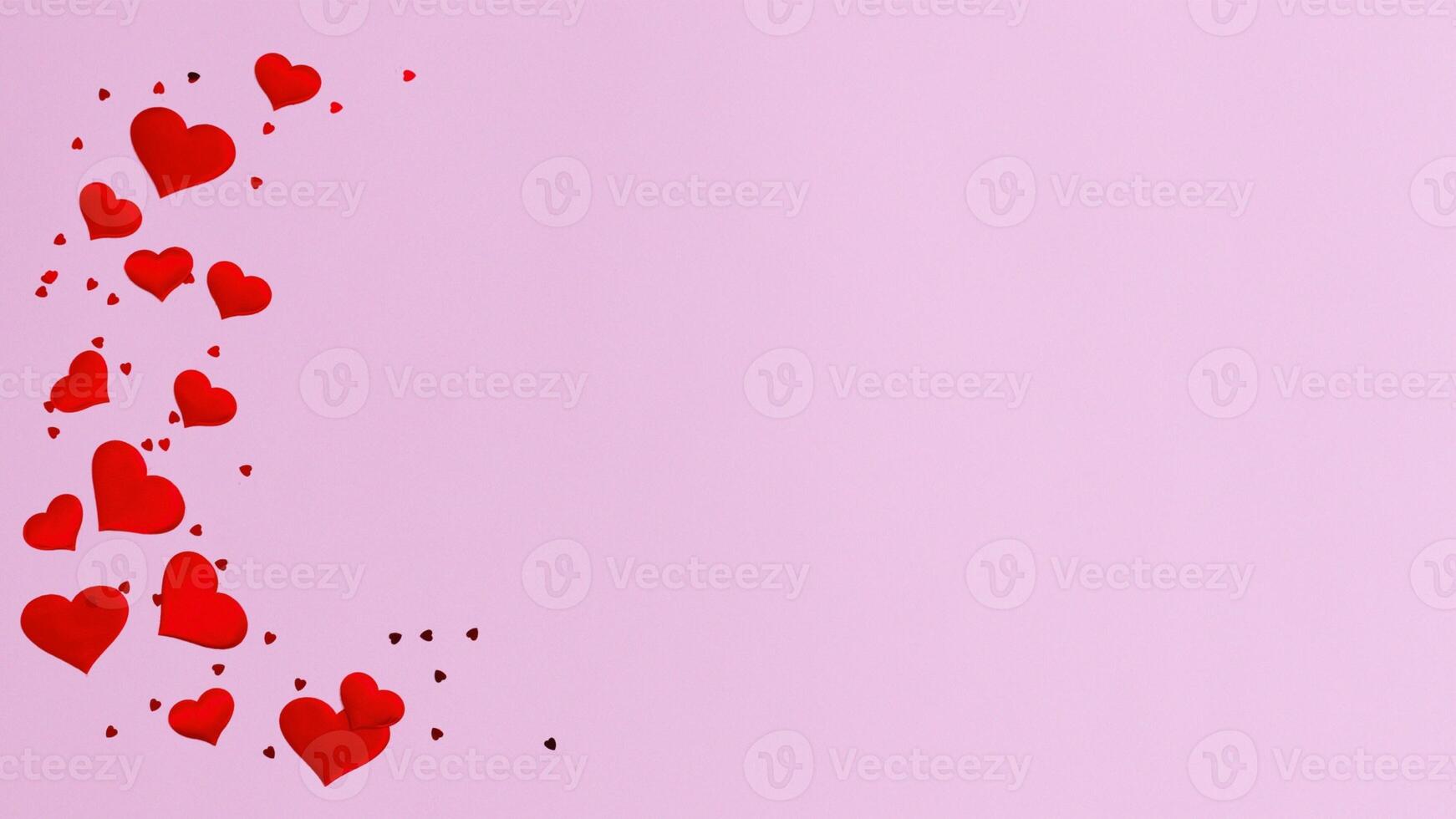 Colorful Background with Heart Confetti. Valentines day greeting card or wedding invitation background party design. Cartoon flat style illustration. photo