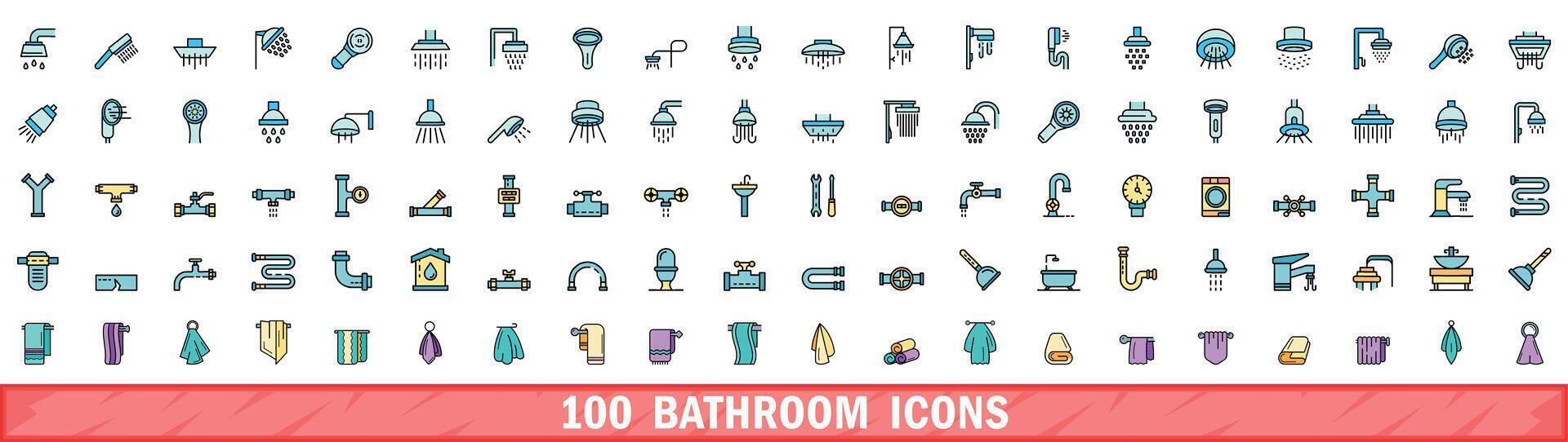 100 bathroom icons set, color line style vector