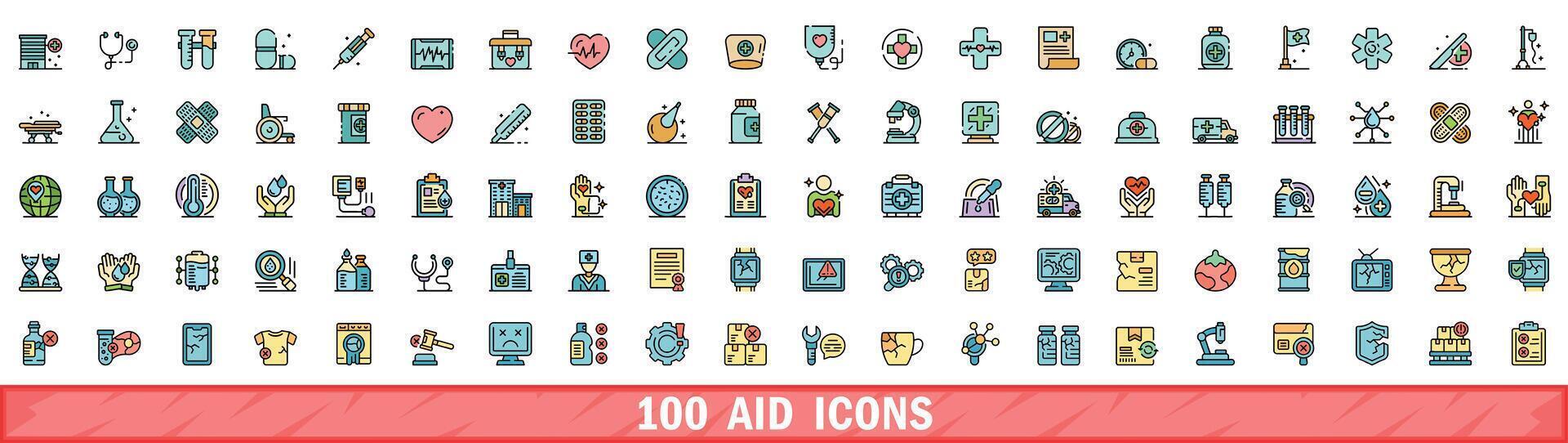 100 aid icons set, color line style vector
