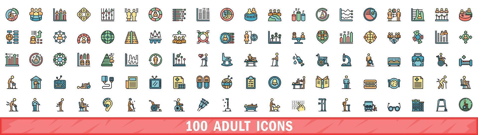100 adult icons set, color line style vector