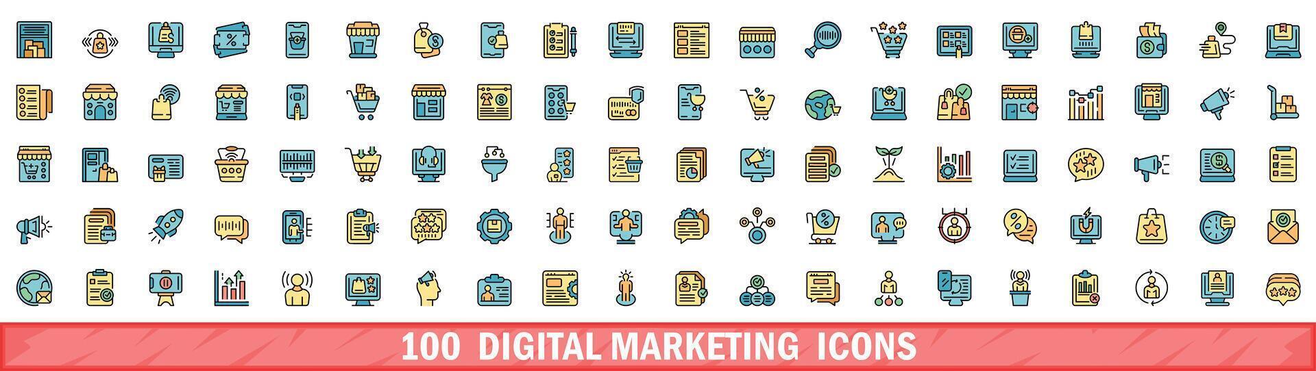 100 digital marketing icons set, color line style vector