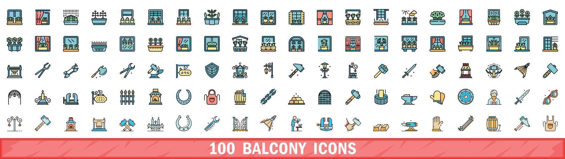 100 balcony icons set, color line style vector
