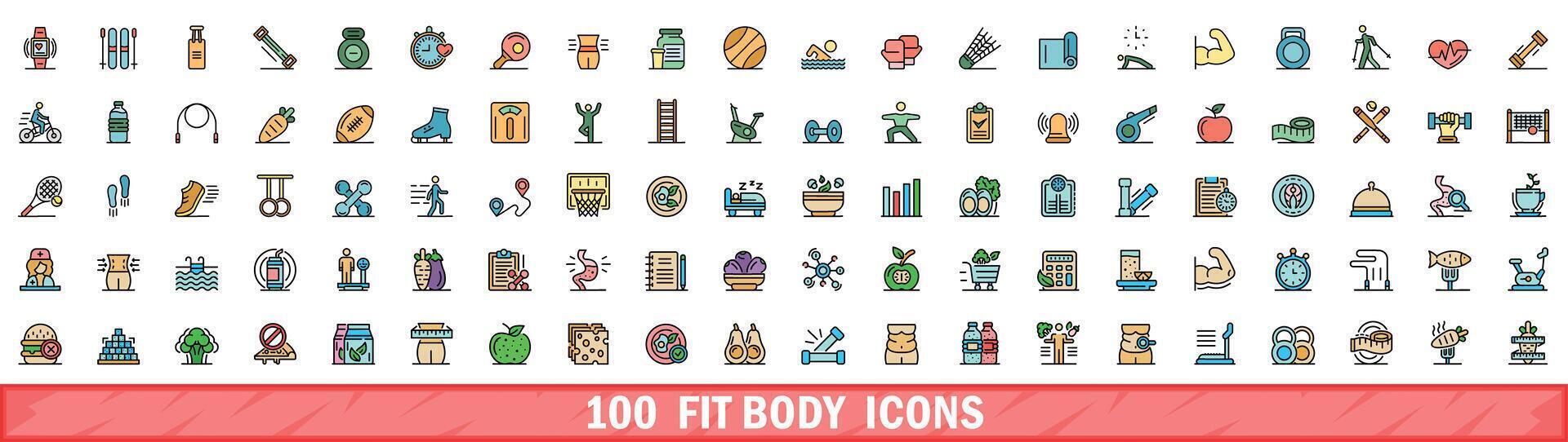 100 fit body icons set, color line style vector