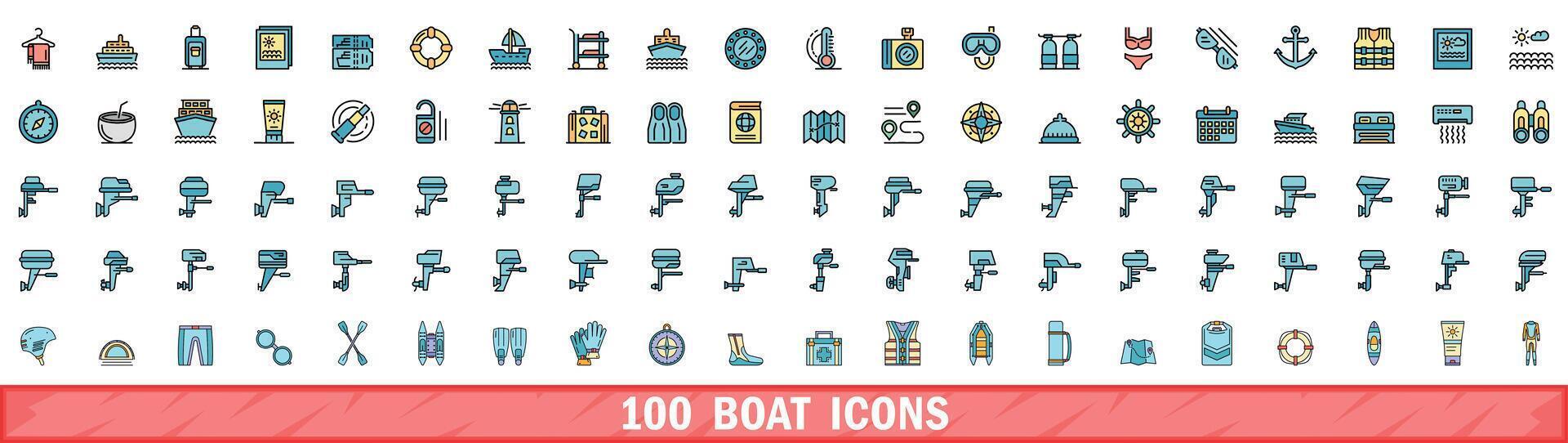 100 boat icons set, color line style vector