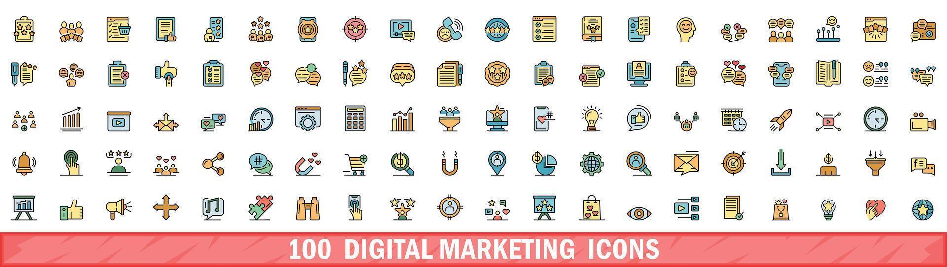 100 digital marketing icons set, color line style vector