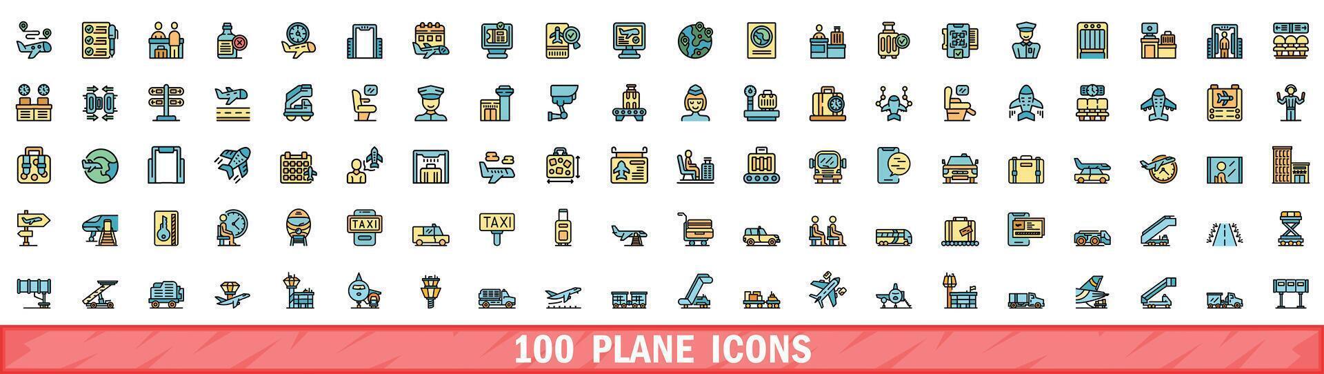 100 plane icons set, color line style vector