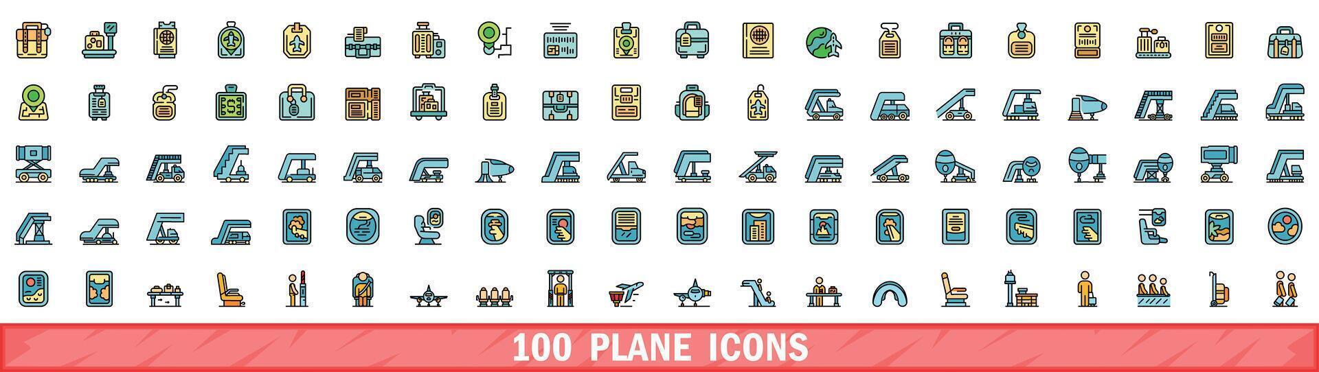 100 plane icons set, color line style vector