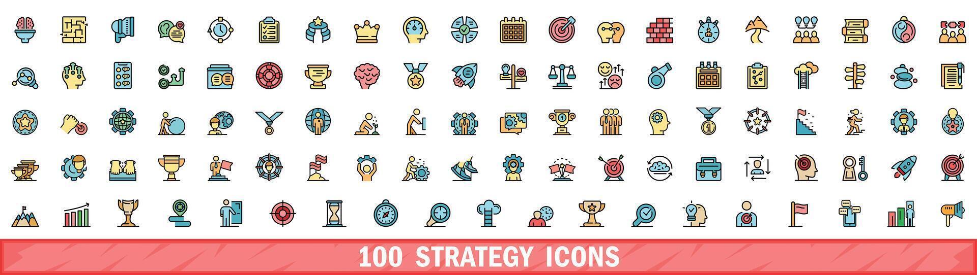 100 strategy icons set, color line style vector