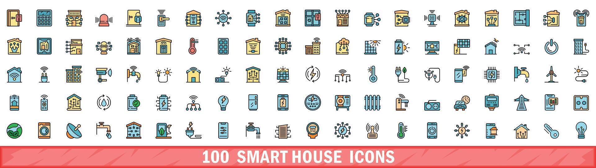 100 smart house icons set, color line style vector
