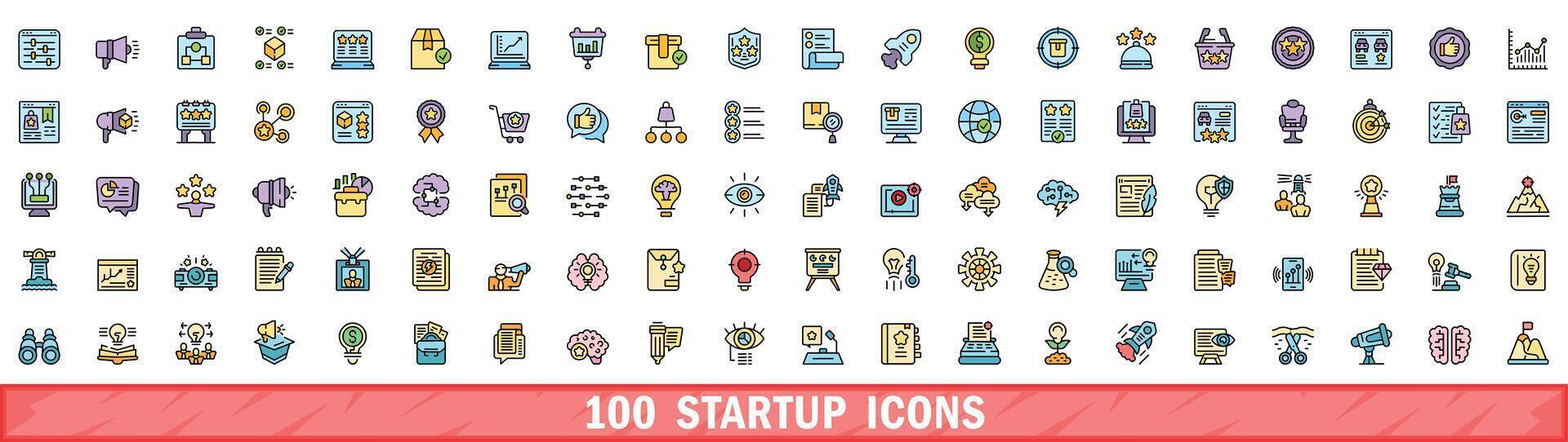 100 startup icons set, color line style vector