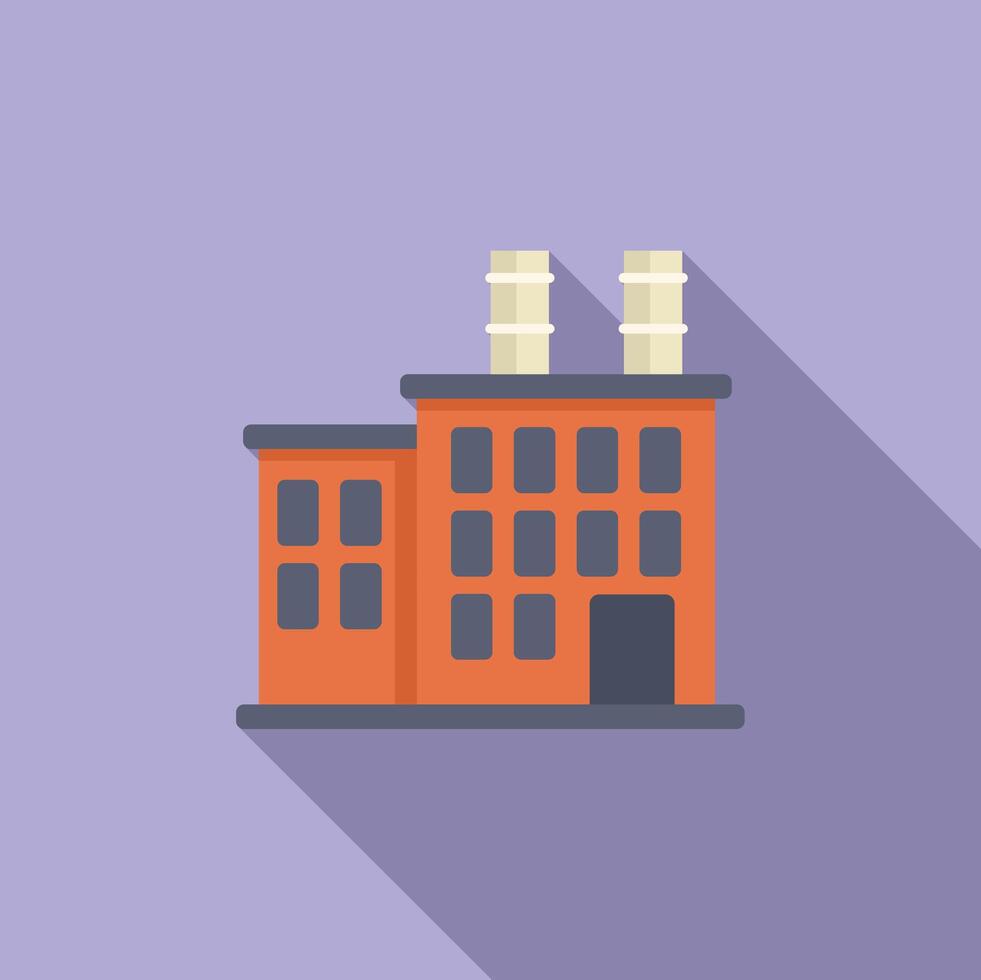 Flat design illustration of a small, orange cartoonstyle factory with smokestacks against a purple background vector