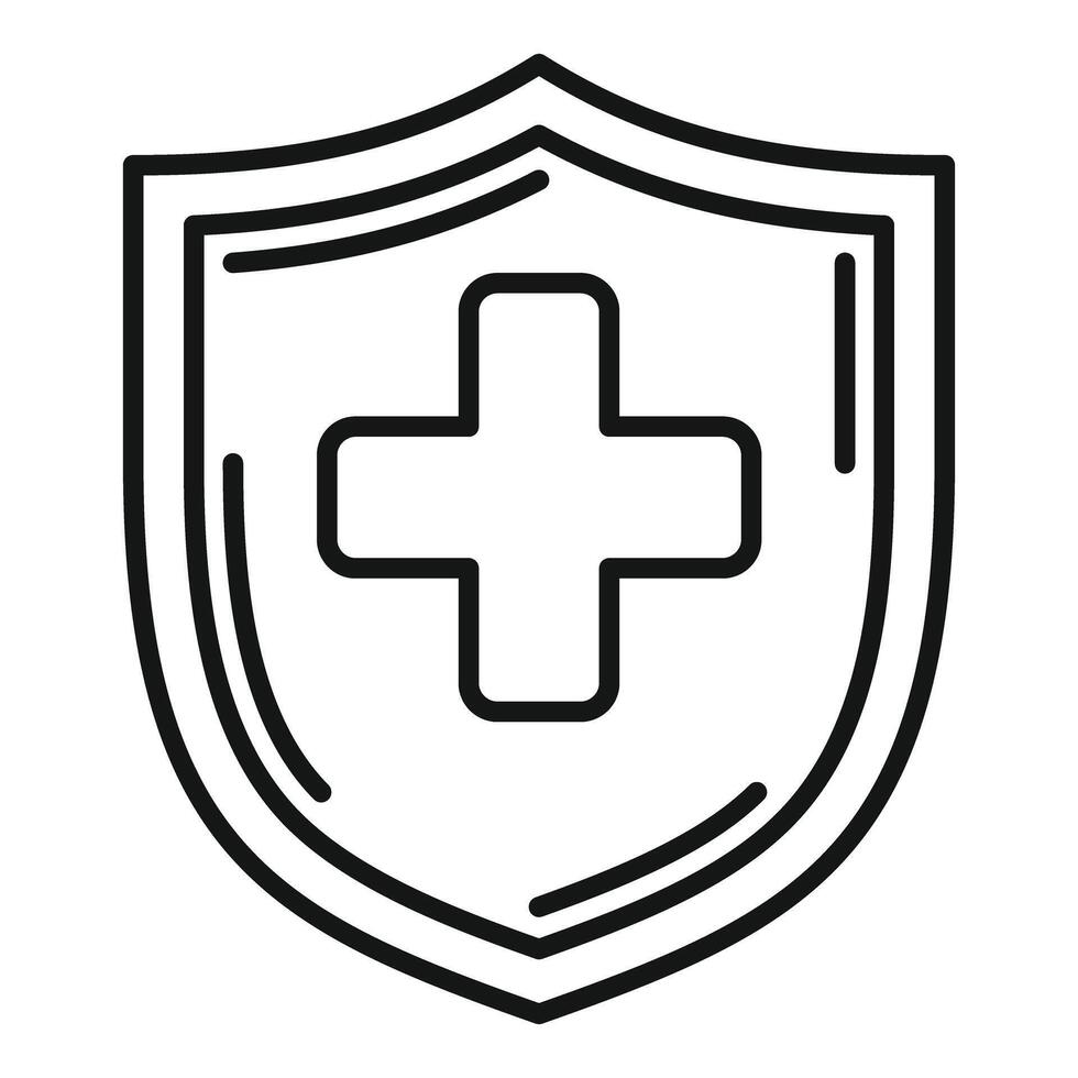 Black outline icon of a shield with a medical cross, symbolizing health protection and safety vector