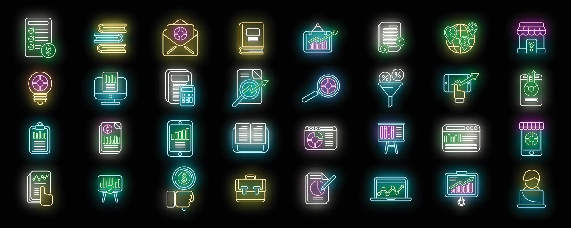 Market studies icons set neon vector