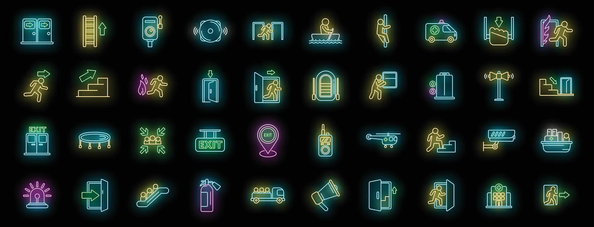 Human evacuation icons set neon vector
