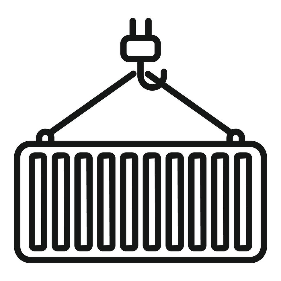 Black and white line icon of a crane lifting a cargo container vector