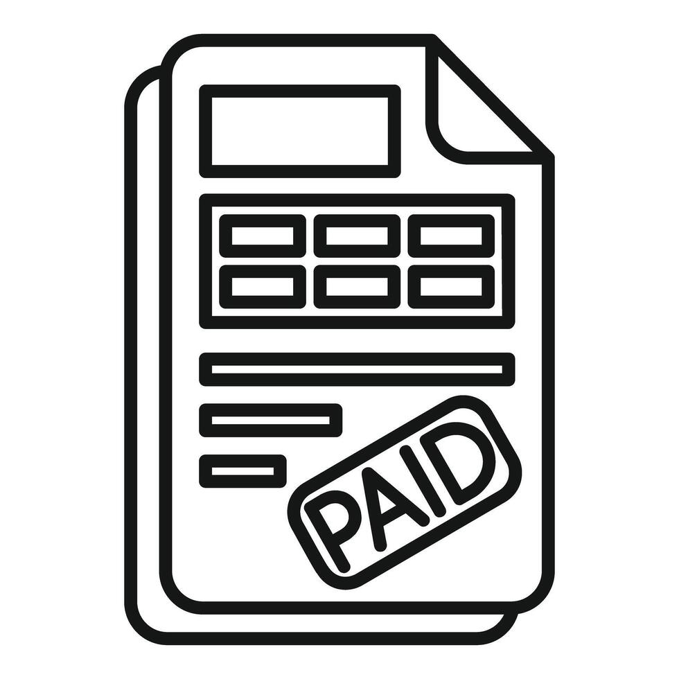 Black and white illustration of a 'paid' invoice document icon vector