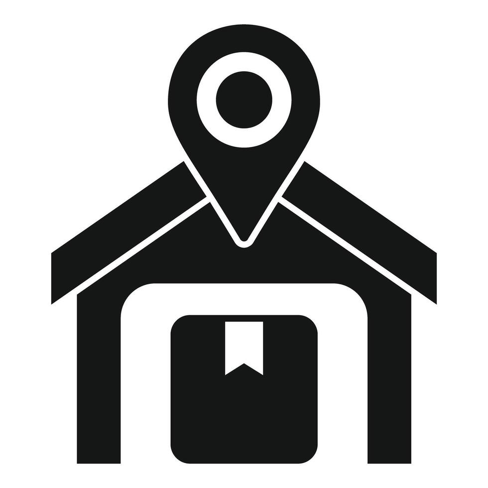 Black and white illustration of a location pin over a simple house silhouette vector