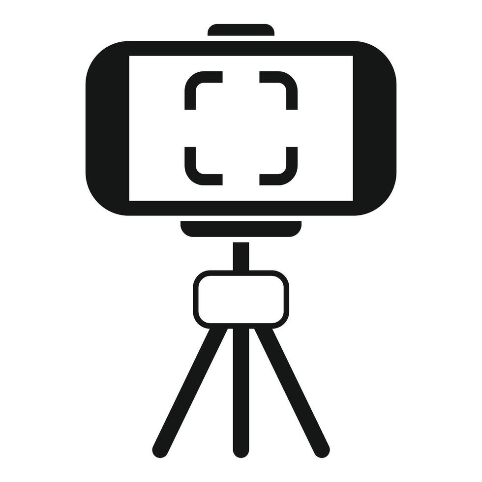 Black and white icon depicting a smartphone mounted on a tripod vector