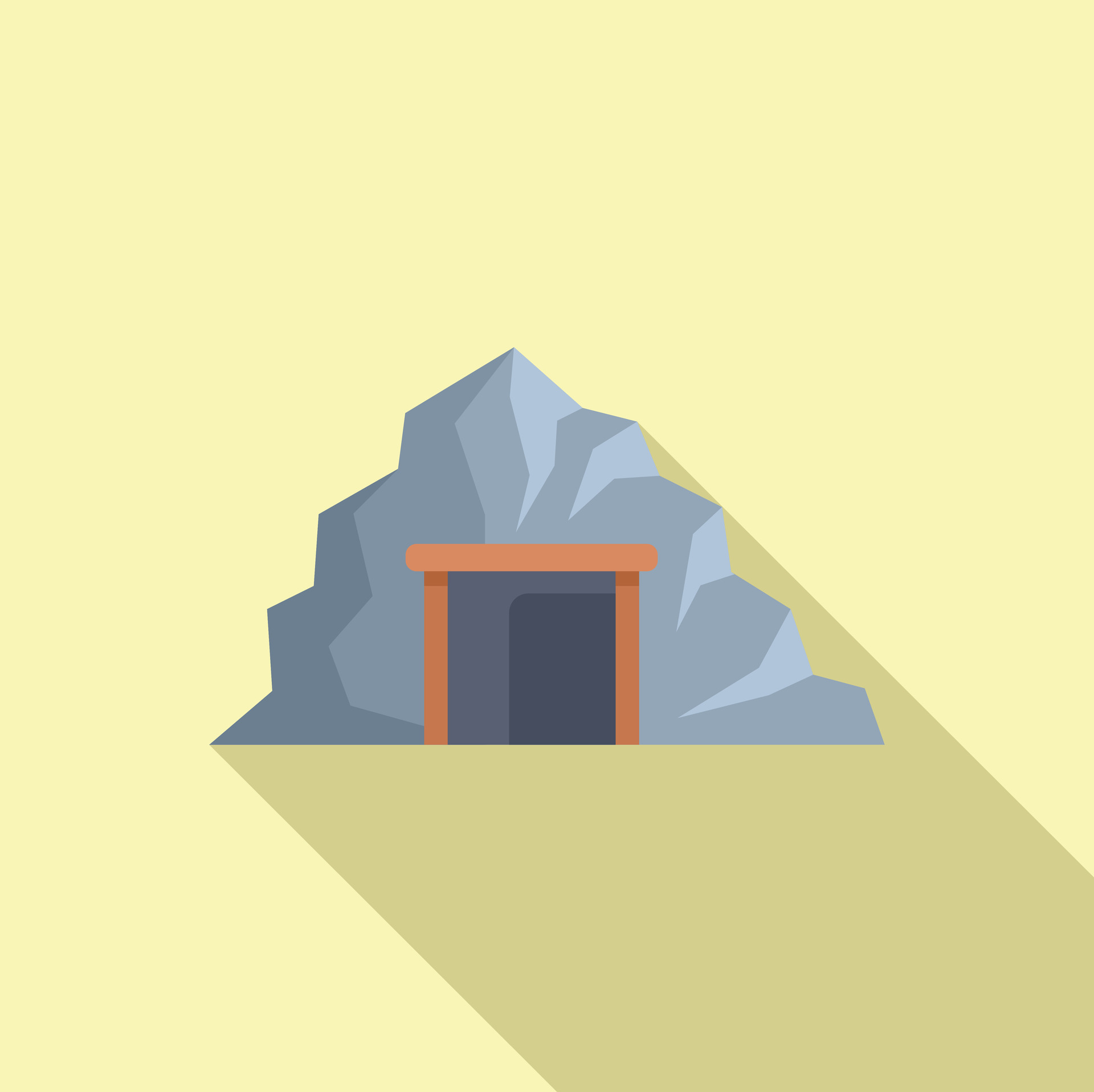 Stylized illustration of a mine entrance with rocky outline on a muted