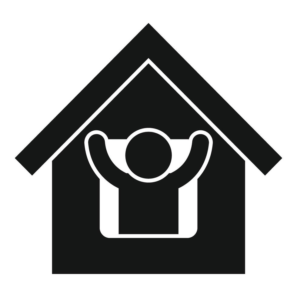 Black and white icon depicting a person with raised arms inside a house, symbolizing comfort and safety at home vector