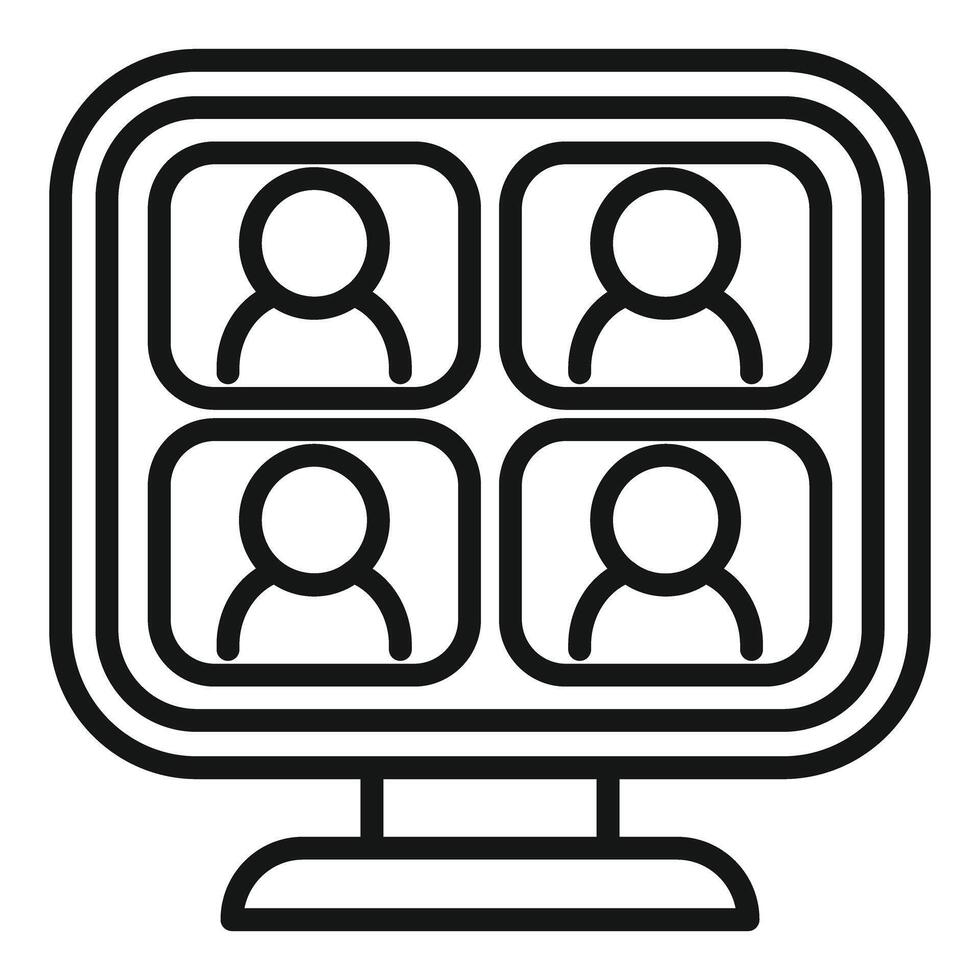 Black and white illustration of a digital screen with four user icons, depicting an online meeting vector