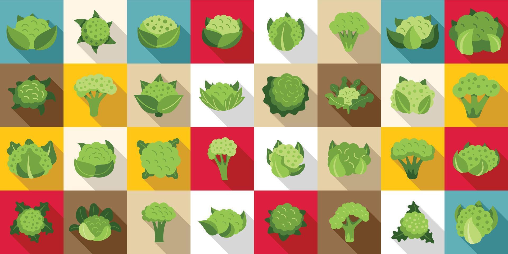 Cauliflower flat icons. A colorful image of various types of green vegetables, including broccoli vector