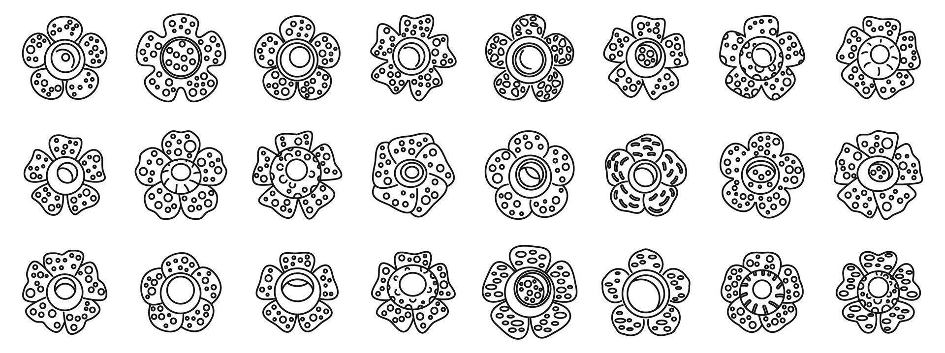 Rafflesia outline icons. A row of flowers with different shapes and sizes vector