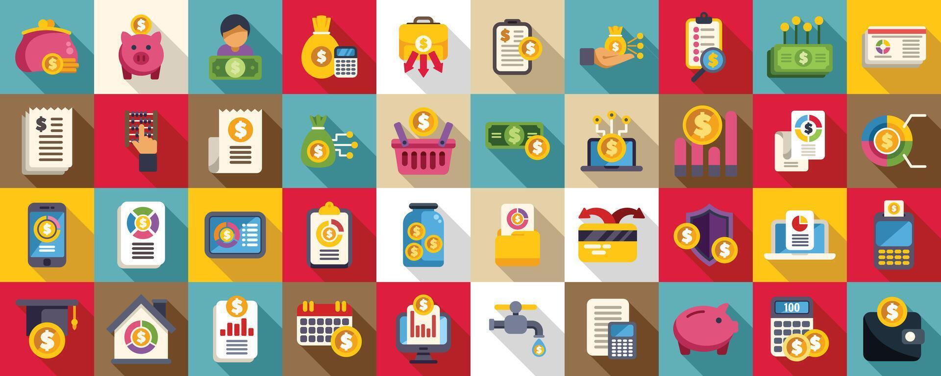Family budget flat icons. A collection of financial icons including a piggy bank, a wallet, a calculator vector