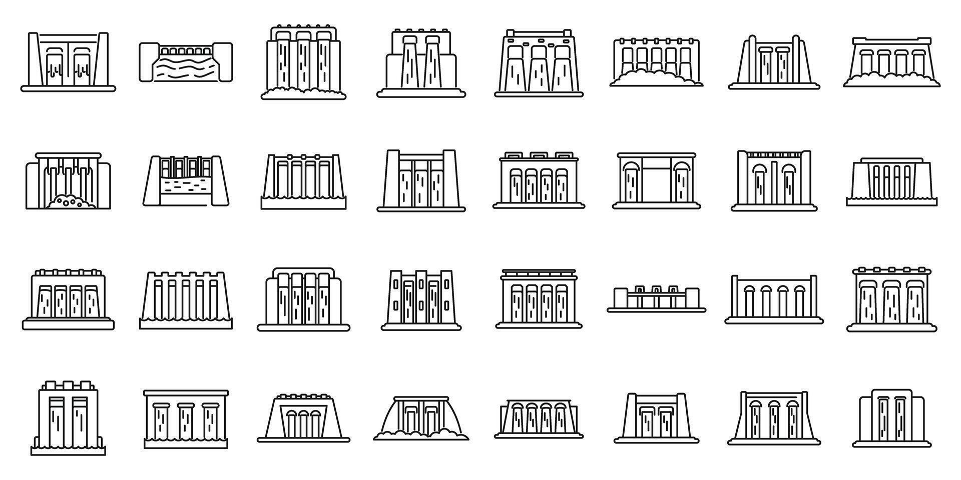 Hydro power station dam outline icon. A collection of buildings in various styles and sizes vector