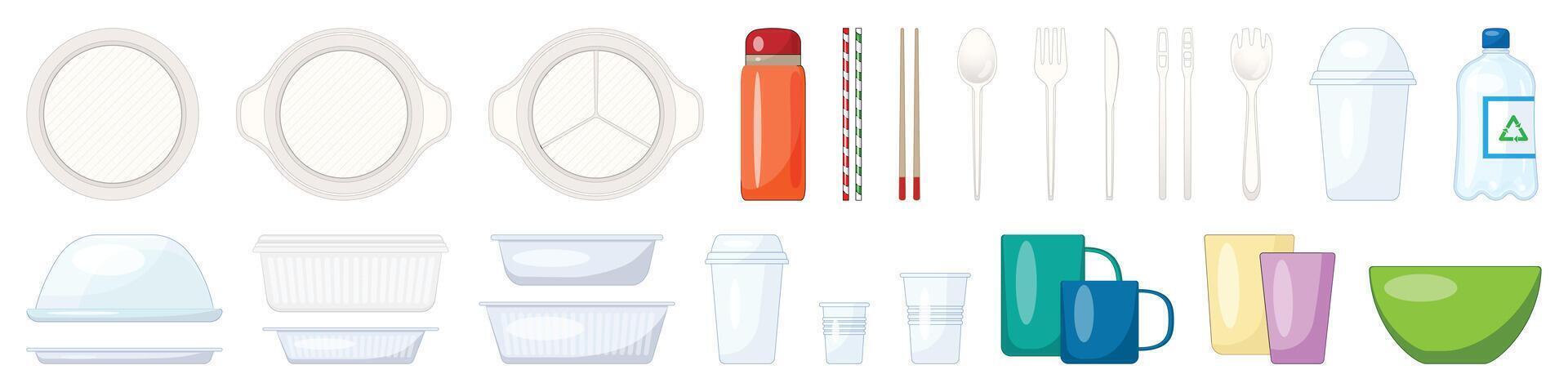 Plastic tableware cartoon icons. A collection of disposable dinnerware and utensils vector