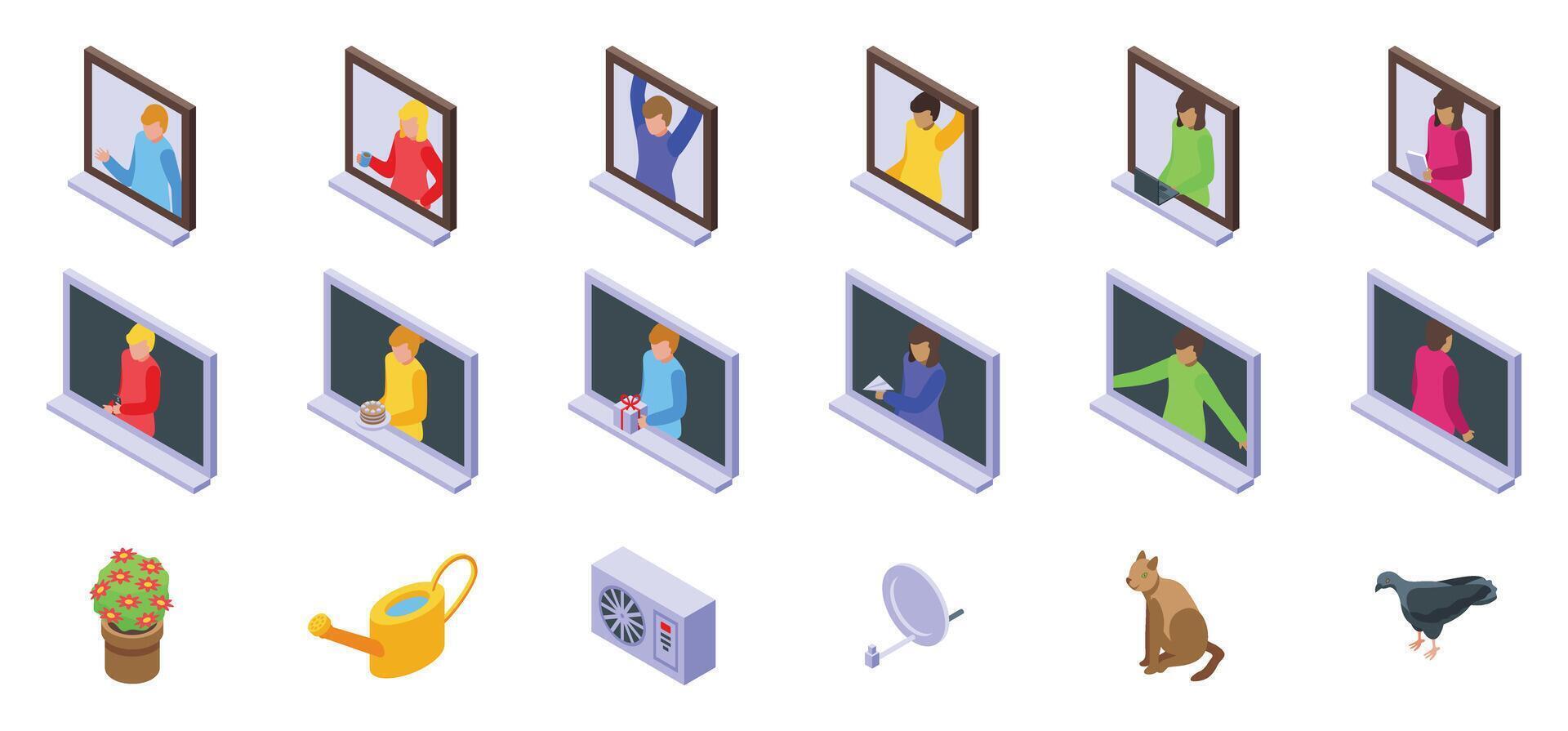Window neighbor . A set of icons depicting people on a computer screen vector