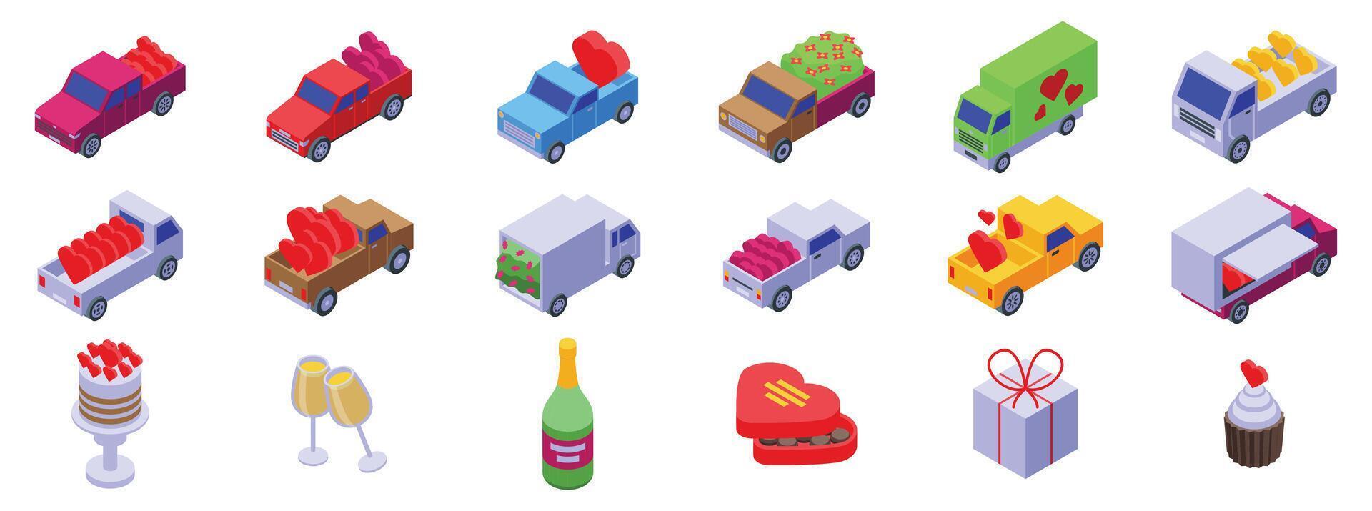 Valentine truck . A collection of cars and trucks with a heart on the right side vector