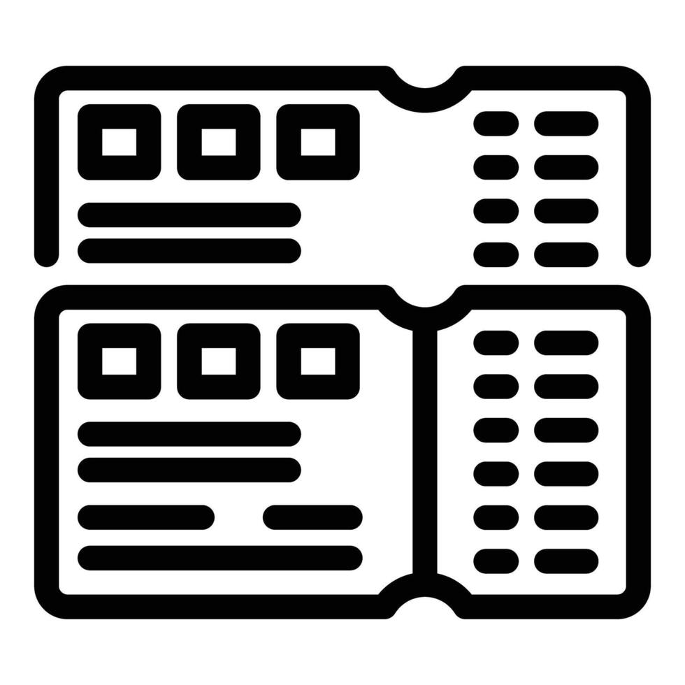 Black and white illustration of an open passport with icon symbols vector