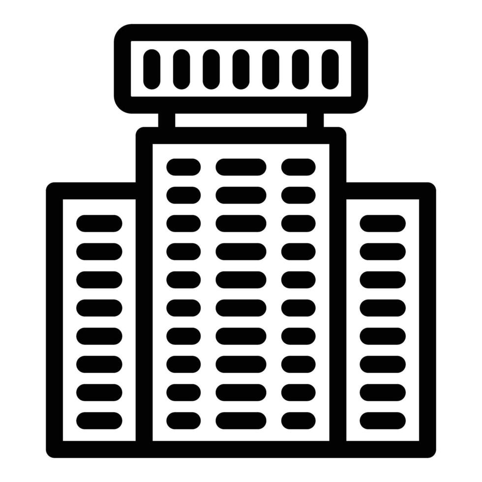 Black and white line icon of a contemporary skyscraper building, ideal for urban design themes vector
