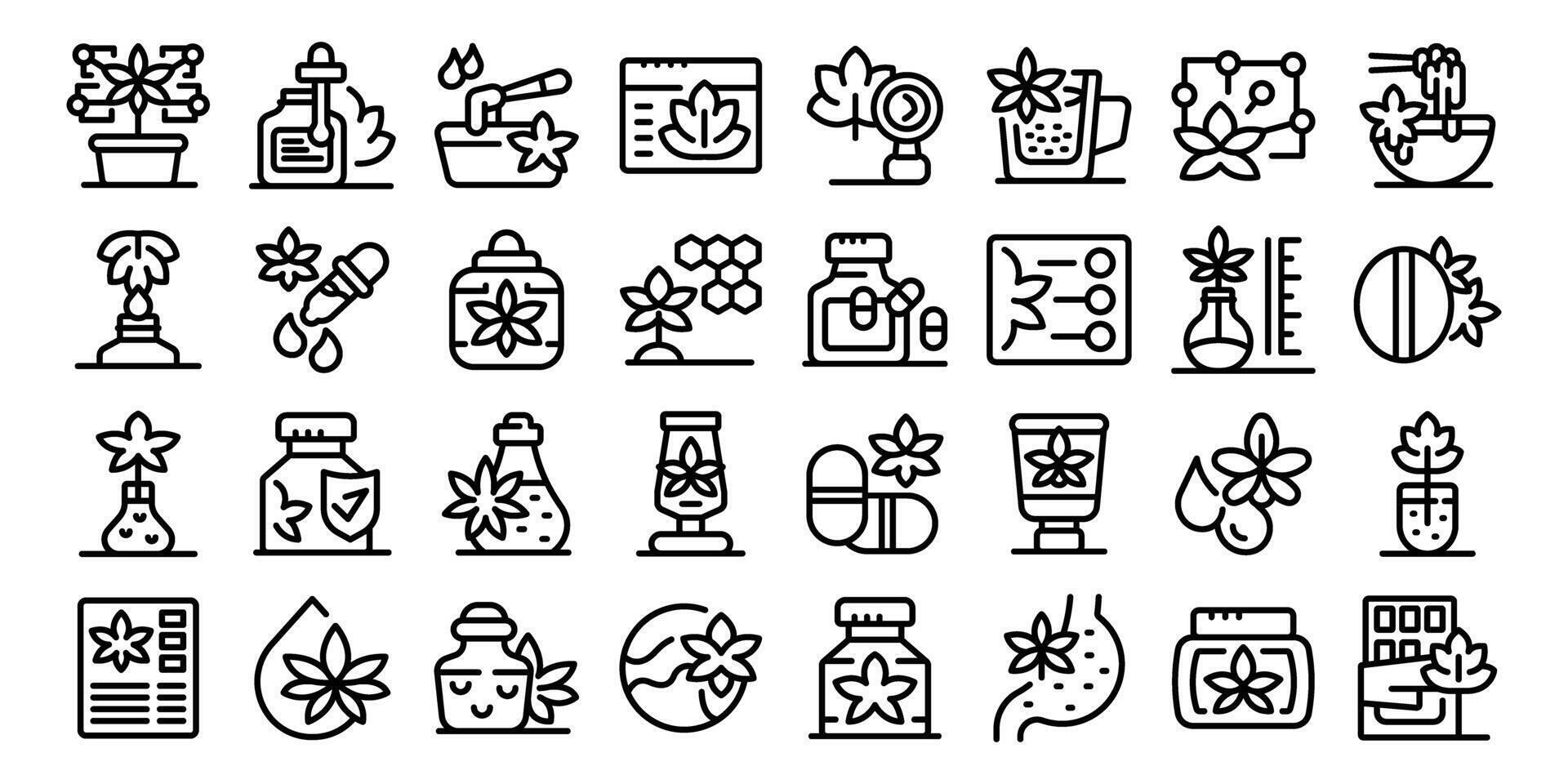 Hemp cannabinoid extract icon. A collection of various symbols and icons, including a flower, a bottle vector