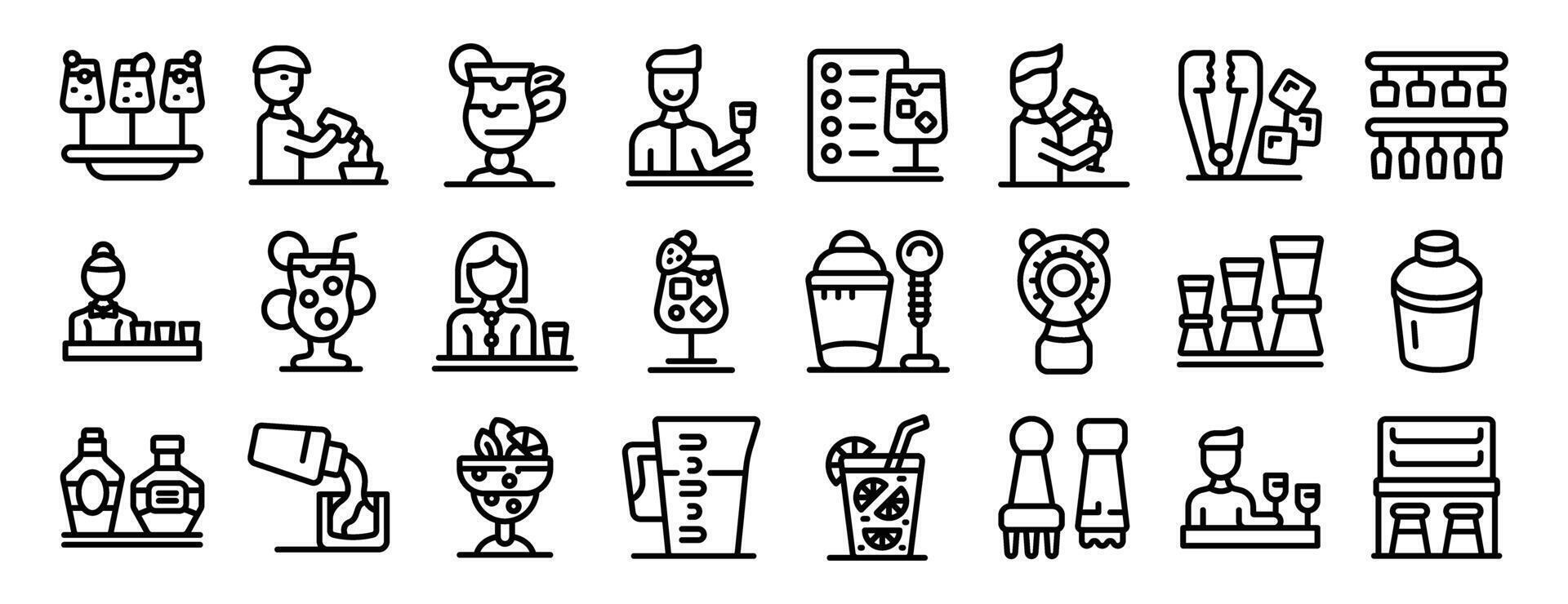 Bartender making cocktail icon. A series of black and white icons depicting various food and drink related items vector