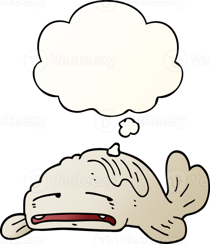 cartoon sad old fish with thought bubble in smooth gradient style png