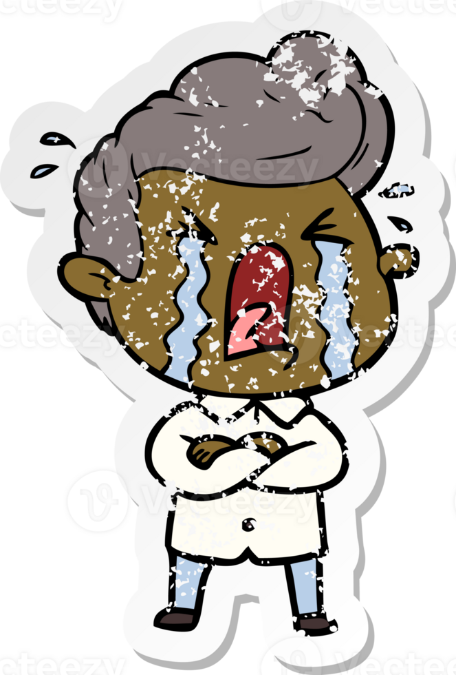 distressed sticker of a cartoon crying man png