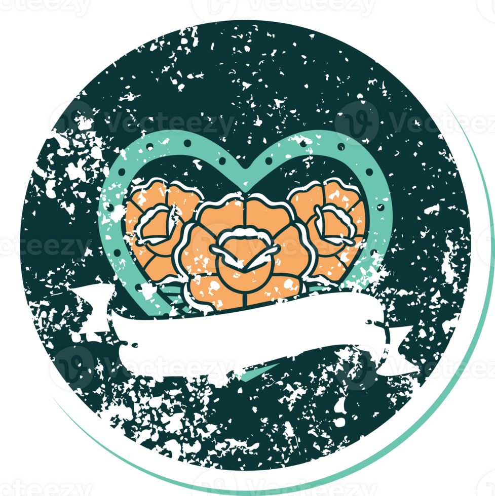 iconic distressed sticker tattoo style image of a heart and banner with flowers png