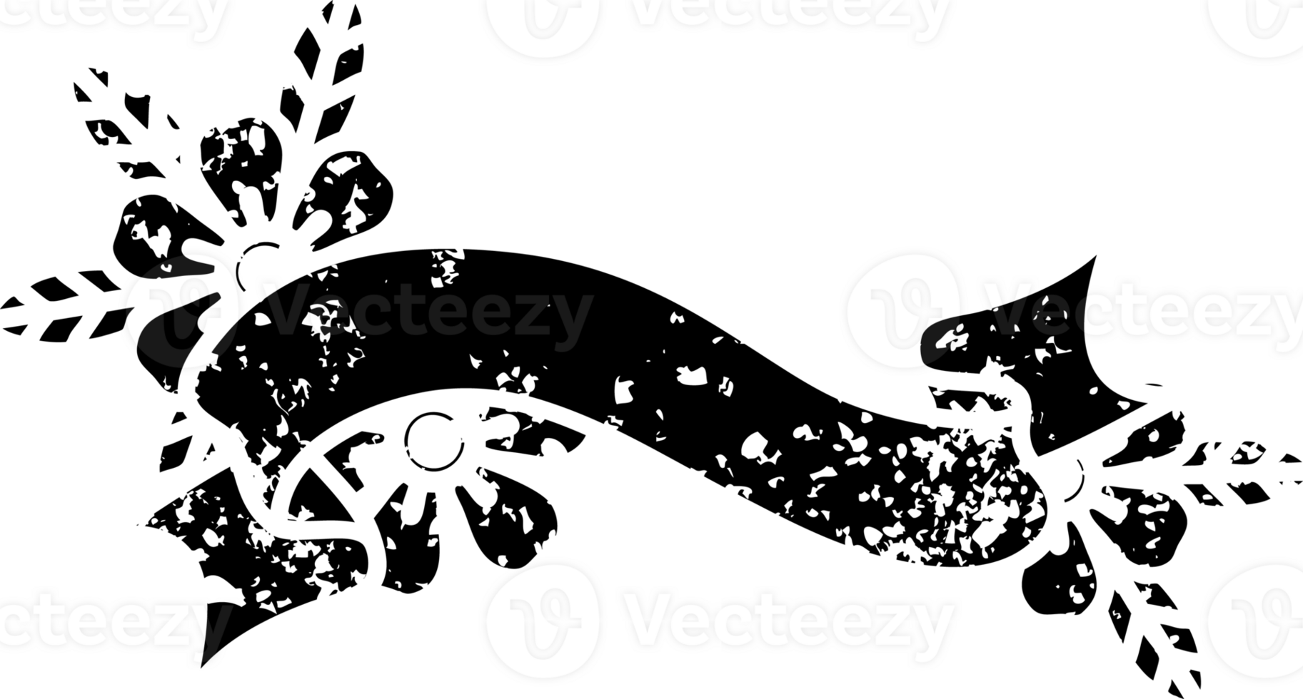tattoo in black line style of a banner and flowers distressed icon png