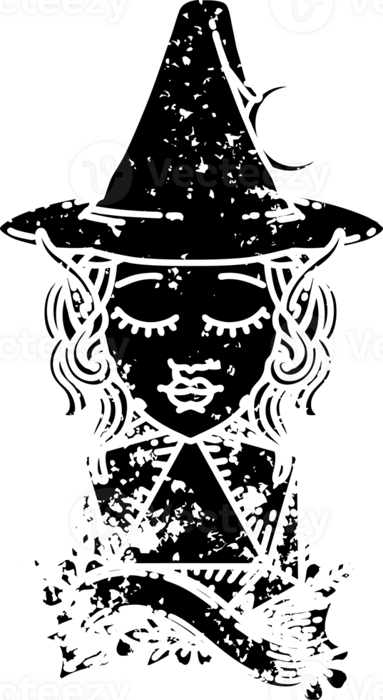Black and White Tattoo linework Style elf mage character with natural twenty dice roll distressed icon png