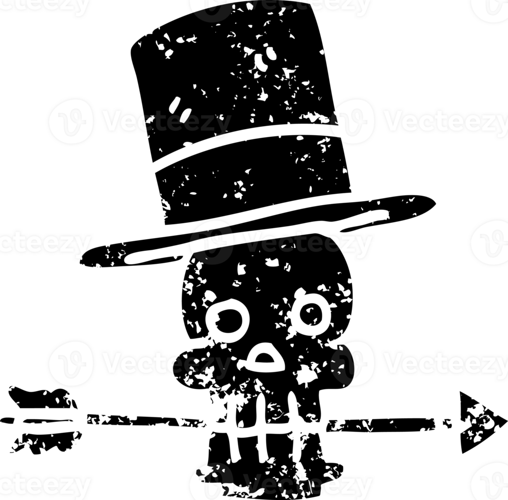 line drawing cartoon skull with top hat and arrow distressed icon png