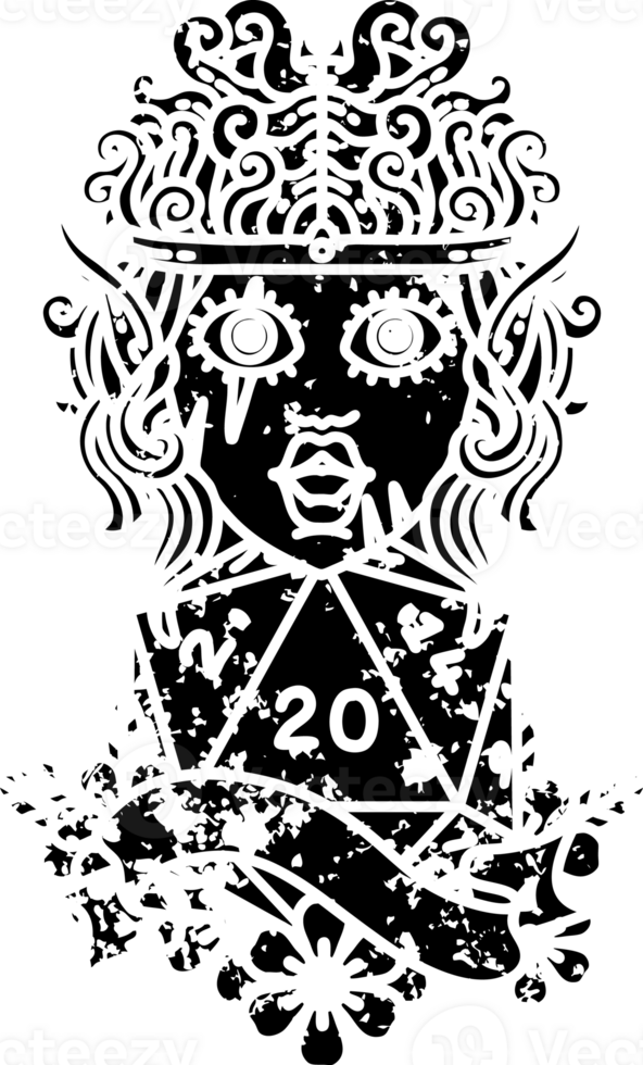 Black and White Tattoo linework Style elf barbarian character face with natural twenty dice roll distressed icon png