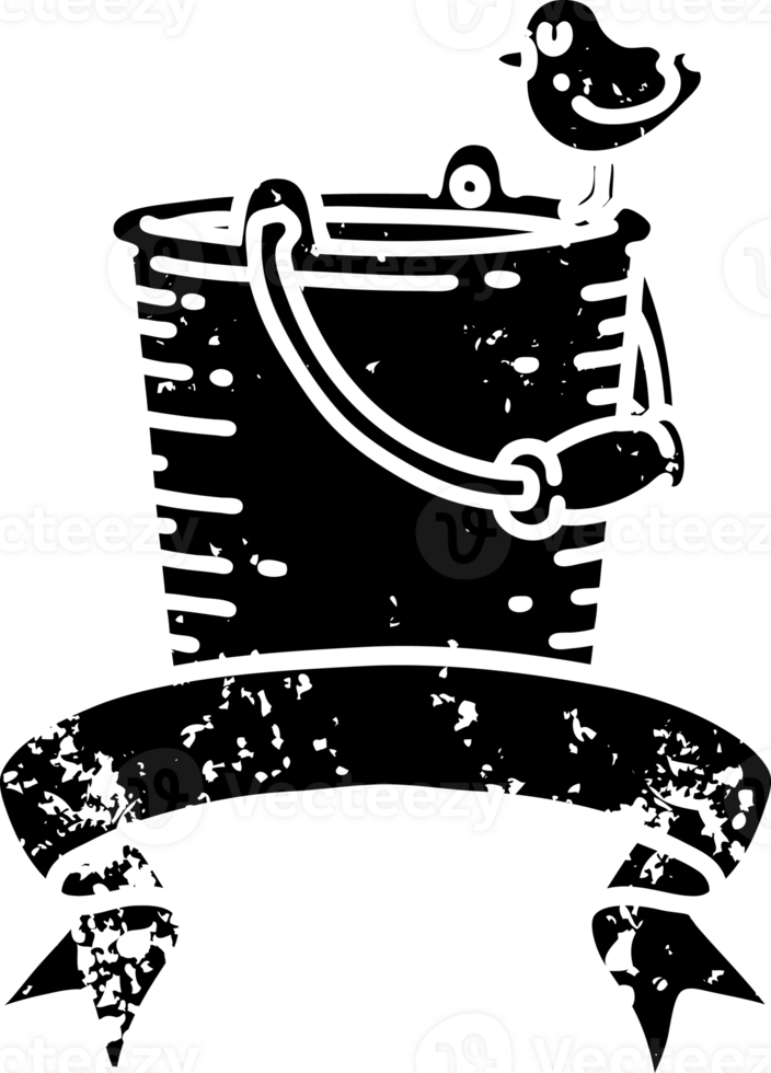 scroll banner with black line work tattoo style bird perched on bucket of water distressed icon png