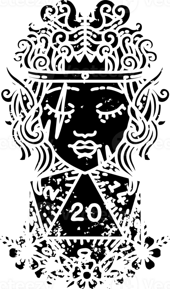 Black and White Tattoo linework Style elf barbarian character with natural 20 dice roll distressed icon png