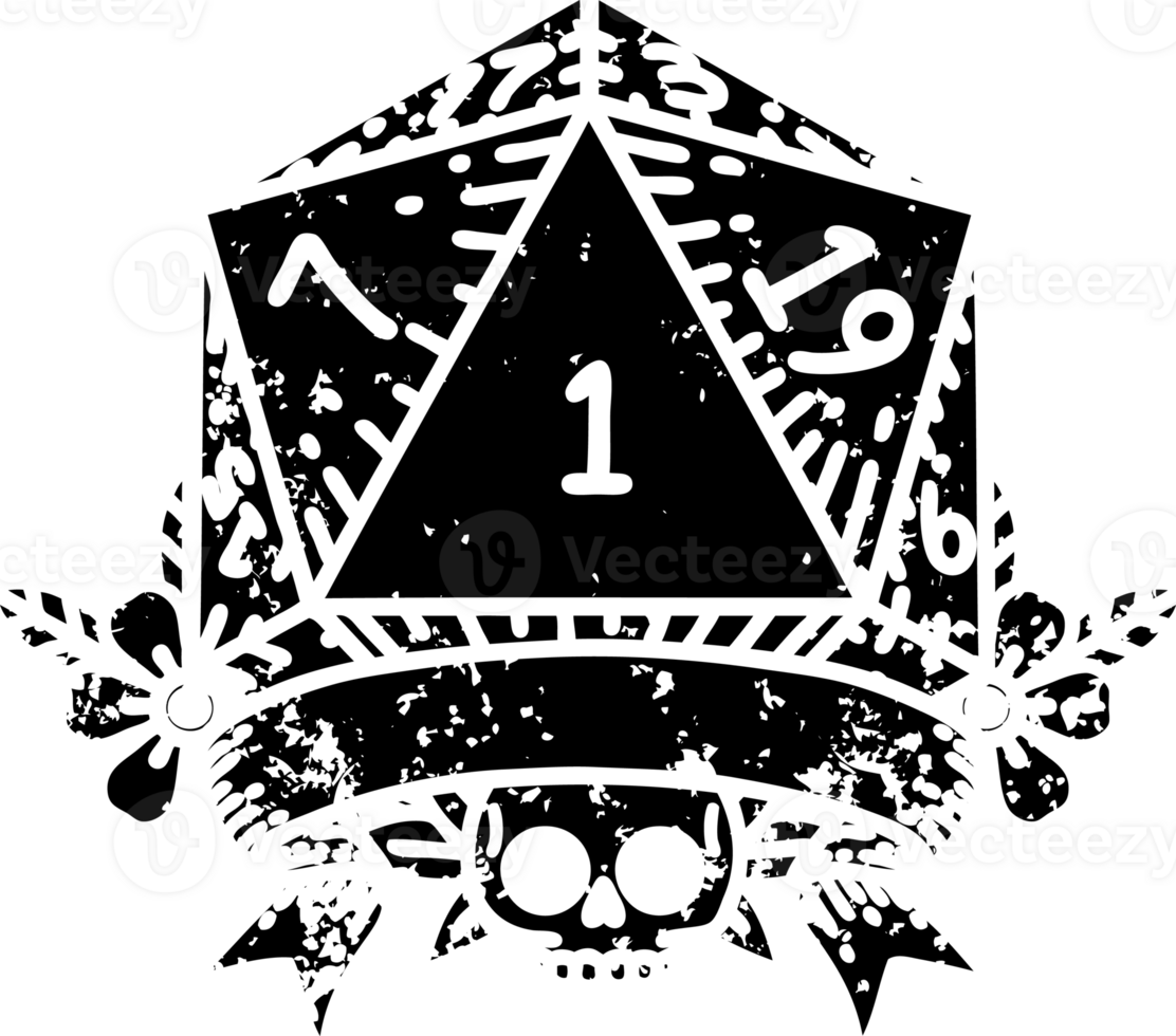 Black and White Tattoo linework Style natural one d20 dice roll distressed icon png