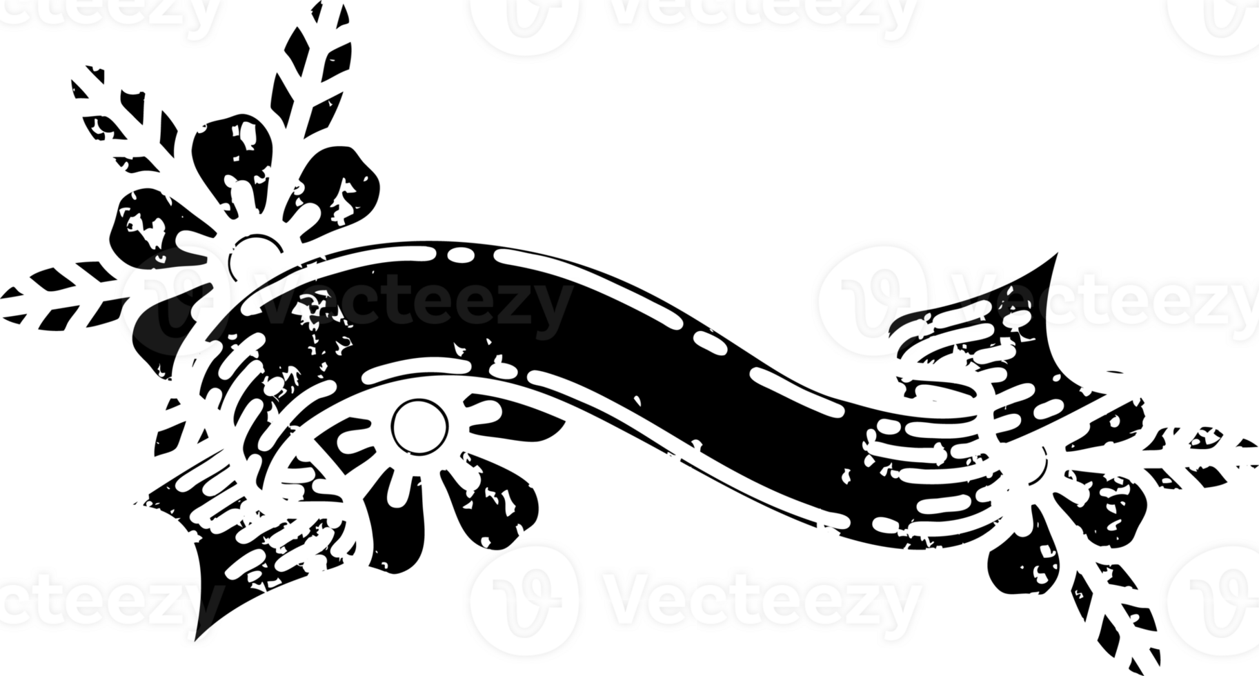 tattoo in black line style of a banner and flowers distressed icon png