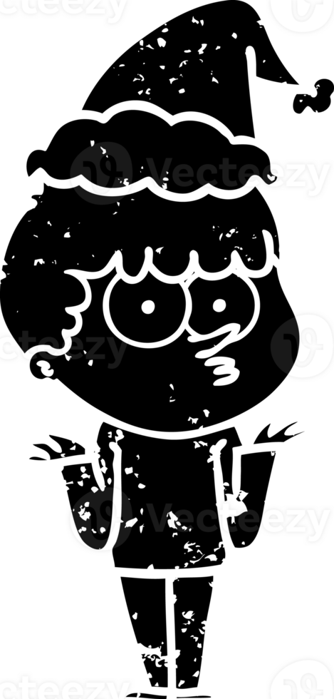 hand drawn line drawing of a curious boy shrugging shoulders wearing santa hat distressed icon png