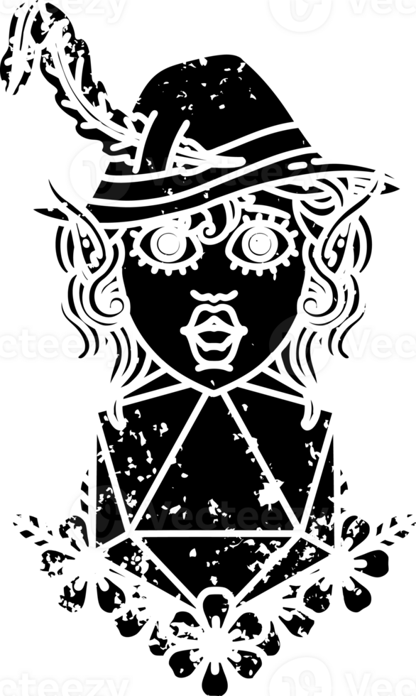 Black and White Tattoo linework Style elf bard character with natural twenty dice roll distressed icon png