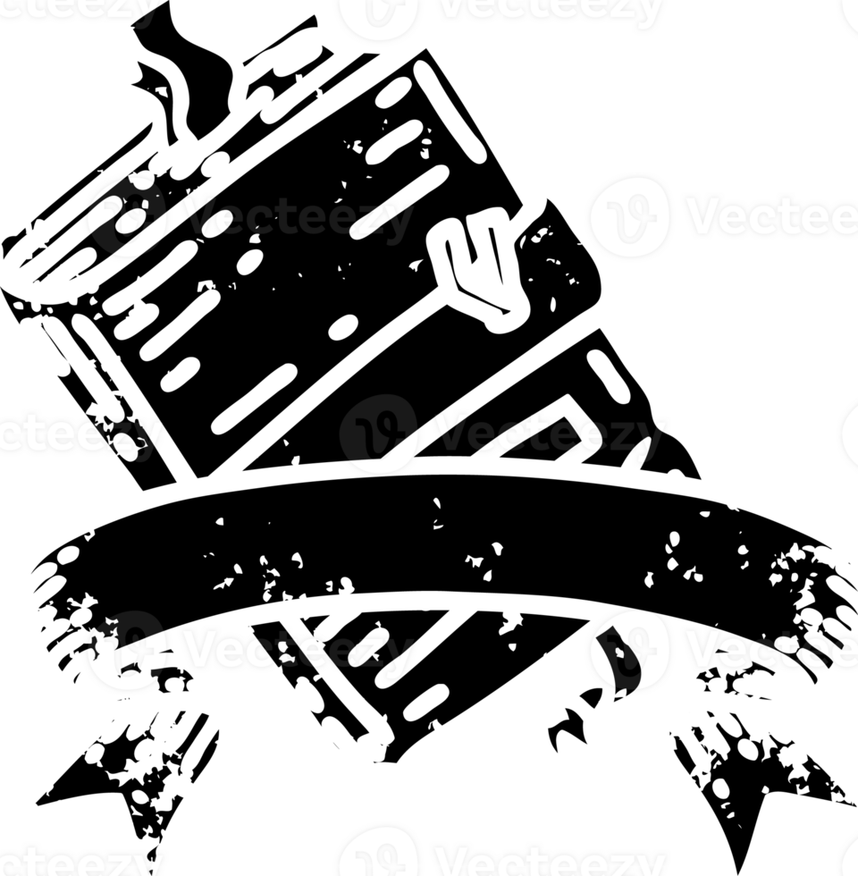 scroll banner with black line work tattoo style old bound notebook distressed icon png